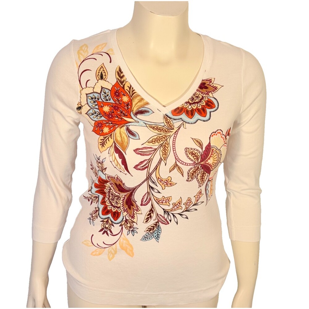 Chico's Knit Top Womens Size M Lotus Flower V-Neck 3/4 Sleeve Cotton Tee Sh